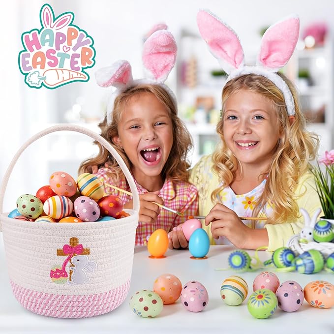 Baby Easter Basket & Gift Basket - Pink White Cross Bunny Woven Cotton Rope Basket with Handle, Empty Egg Hunt Basket for Girls, Boys, Toddlers