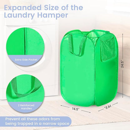 HOUSE AGAIN Upgraded Polyester Pop Up Laundry Hamper, Collapsible Laundry Baskets with Durable Handles Solid Bottom High Steel Frame and Side Pocket, Easy Open & Save space,Perfect for Storage(Green)