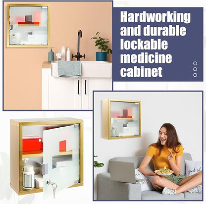 Timgle First Aid Wall Cabinet with Lock Medicine Wall Mounted Bathroom Storage Hanging Medical Cabinet with Safety Glass Door for Bathroom(2 Shelves,Light Gold)