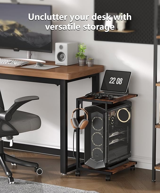 2 Tier Computer Tower Stand with Charging Station, 11.8" D x 16.5" W Rolling Floor PC Tower Stand Fits Under Desk, CPU Holder Cart for Carpet with Hooks, C Shaped End Table for Home Office