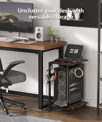 2 Tier Computer Tower Stand with Charging Station, 11.8" D x 16.5" W Rolling Floor PC Tower Stand Fits Under Desk, CPU Holder Cart for Carpet with Hooks, C Shaped End Table for Home Office