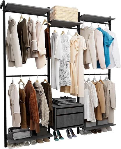 Wall-Mounted Steel & Wood Closet Organizer System with 4 Adjustable Shelves, 5 Hanging Rods, and 2 Drawers – Modern Open Wardrobe, Black