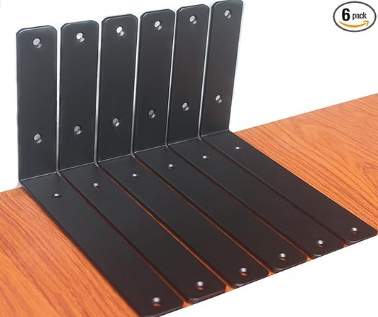 6 Pack - L 9" x H 6" x W1.5, 5mm Thick Black L Shelf Bracket, Iron Shelf Brackets, Metal Shelf Brackets, Floating Shelf, Shelf Supports with Screws