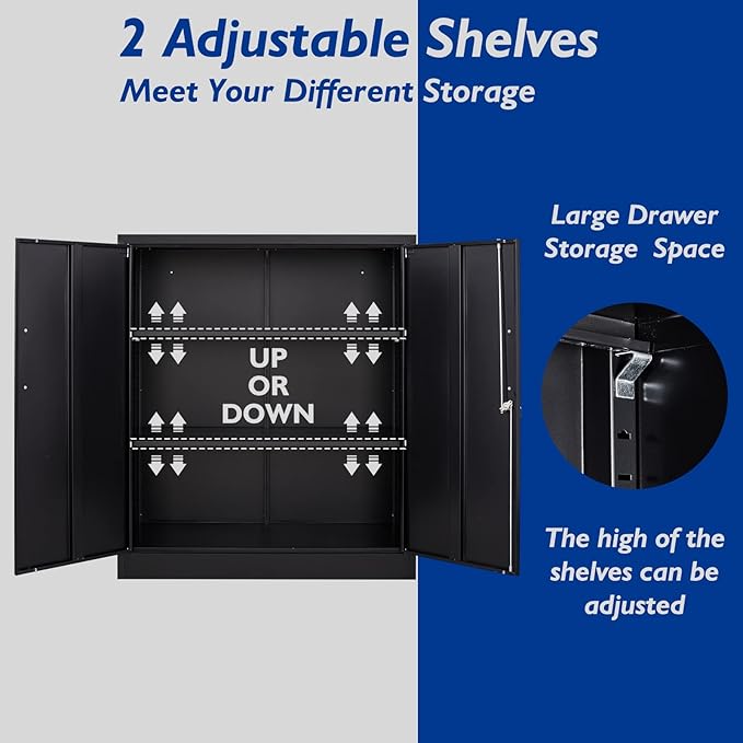Metal Storage Cabinet, 2 Doors Garage Cabinets, Steel Utility Tool Caninet, Short Locking Caninets with Adjustable Shelves, Black Lockable File Cabnet Cupboard for Home/Office/School/Shop