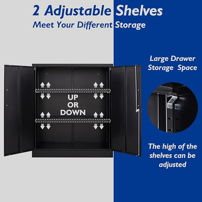 Metal Storage Cabinet, 2 Doors Garage Cabinets, Steel Utility Tool Caninet, Short Locking Caninets with Adjustable Shelves, Black Lockable File Cabnet Cupboard for Home/Office/School/Shop