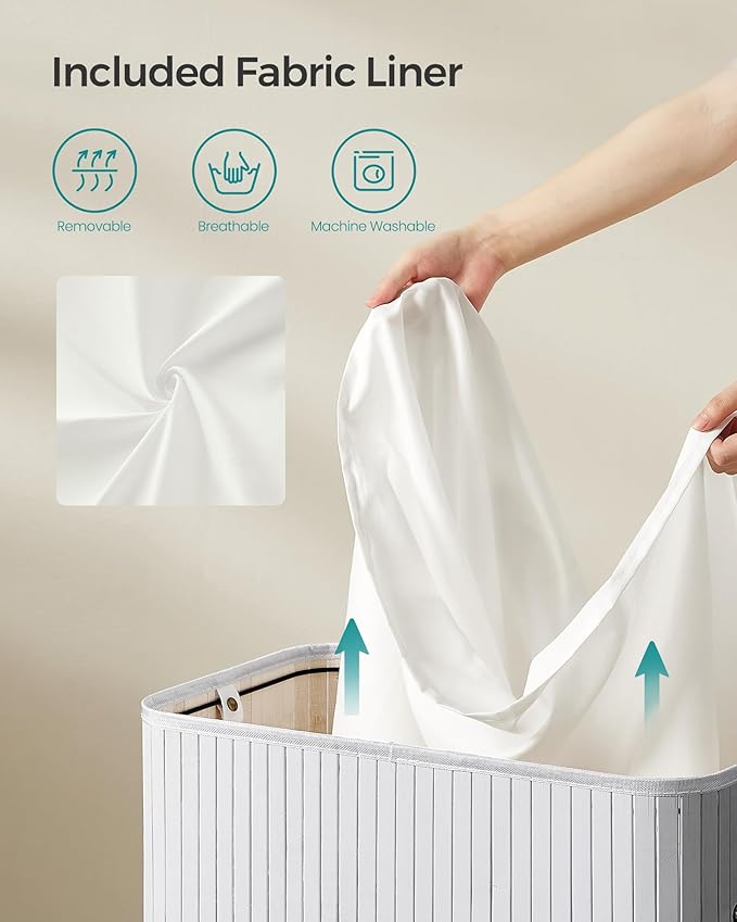 SONGMICS Laundry Hamper with Lid, Bamboo Laundry Basket, Removable Machine Washable Laundry Basket, with Handles, 26.4-Gallons, for Laundry Room, Bedroom, Bathroom, Dove Gray ULCB063G01