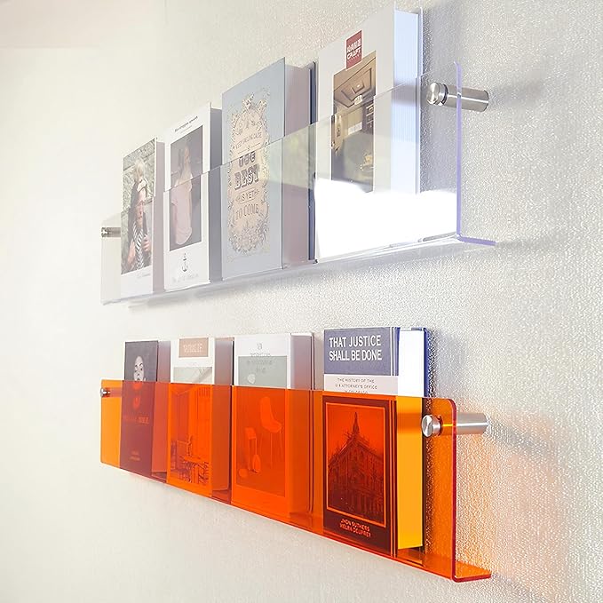 ROYALITA 2-Pack Acrylic Magazine Holder Brochure Holder, 24" Record Holder Magazine Rack, Fashion Hanging Bookshelf Literature Storage Rack for Waiting Room, Living Room, Office, Orange 24 Inch