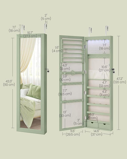 SONGMICS 6 LEDs Mirror Jewelry Cabinet, 47.2-Inch Tall Lockable Wall or Door Mounted Jewelry Armoire Organizer with Mirror, 2 Drawers, 3.9 x 14.6 x 47.2 Inches, Laurel Green UJJC093C01