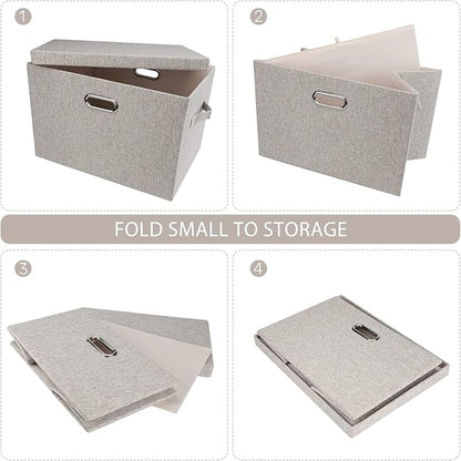 Large 17" 36 Quart Collapsible Stackable Storage Bins with Lids, 5 Packs Beige Linen Fabric Closet Boxes with Lids, Storage Cube Baskets Container Organizers for Bedroom Office(17 x12 x11)