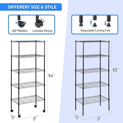 Simple Deluxe 5-Tier Storage Shelves, 21" W x 12" D x 54" H Adjustable Heavy Duty Wire Metal Shelving Unit, Black