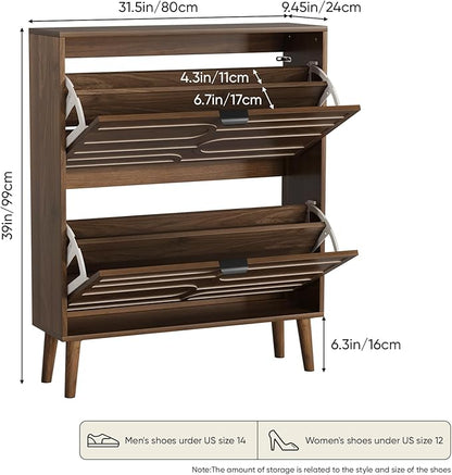 Shoe Cabinet with 2 Flip Drawers, Freestanding Shoe Storage Cabinet with Fluted Panel Design, Hidden Shoe Organizer Rack for Enterway, Hallway, Foyer, Walnut