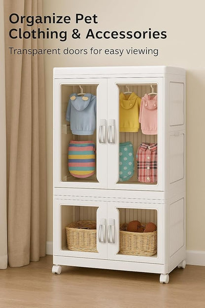 Pet Clothing Storage Cabinet with Hanging Rod Foldable Plastic Storage Bin 2-Tier Dog Clothes Organizer for Small Pets Lightweight, Waterproof– Portable Cat Wardrobe Closet