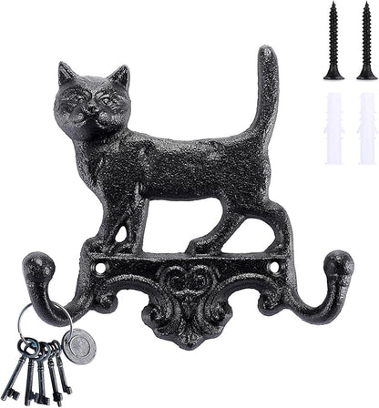 OwnMy Cast Iron Decorative Wall Coat Hook Cat Key Holder, Vintage Dog Leashes Holder Key Hooks for Walls, Heavy Duty Indoor Outdoor Double Wall Hooks for Hanging Towels, Hats, Potted Plants, Tools