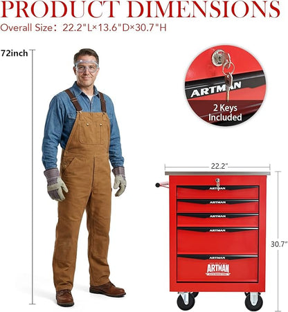 5-Drawer Rolling Tool Chest with Stainless Steel Countertop,Tool Chest with Secure Locking System,Mobile Storage Tool Cabinet with 360°Wheels and Padded Feet,for Home,Garage (Red)
