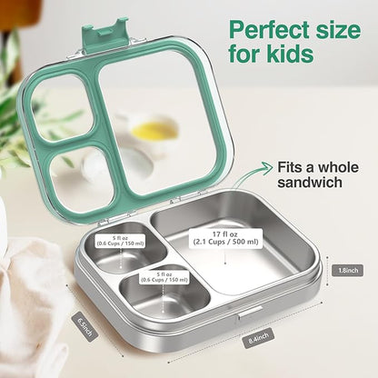 Stainless Steel Lunch Box: Metal Bento Box for Kids Adults - 3 Compartments Leak-Proof Lunch Box, Green