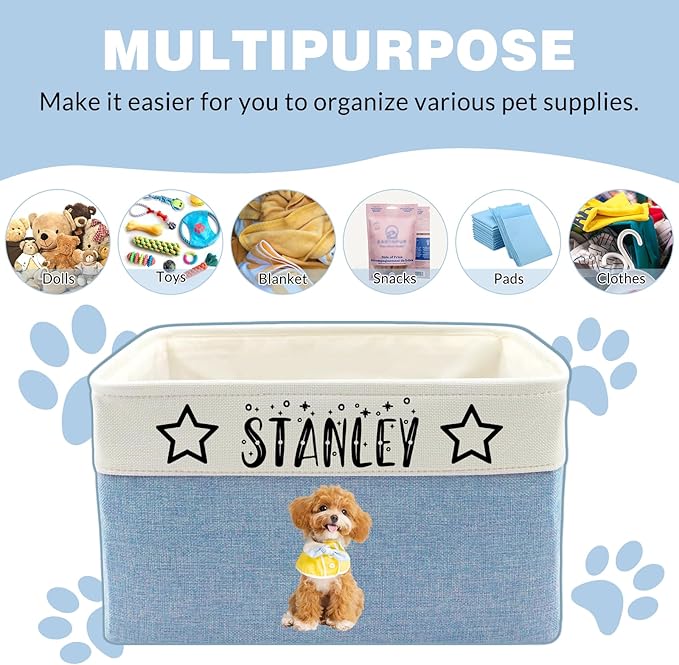Customized Pet Toy Storage Basket - Personalized Dog & Cat Toy Organizer with Name, Foldable & Durable Fabric Bin for Pet Supplies, Organizer for Toys, Coats, Clothing, Blankets Brown