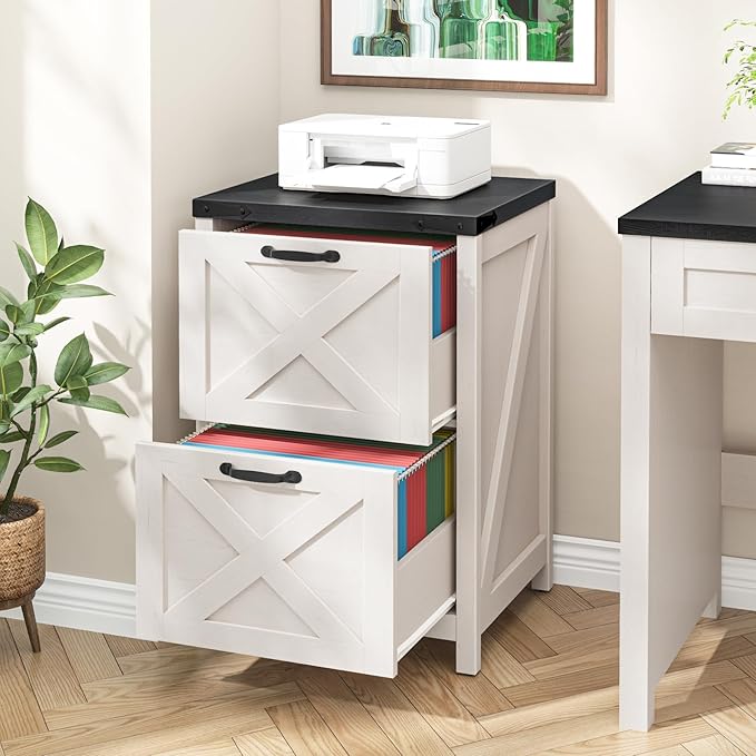 2 Drawer Small File Cabinet, Farmhouse Vertical Filing Cabinet Fits Letter and A4 Size, Under Desk Wooden File Cabinets for Home Office, Printer Stand, White and Black