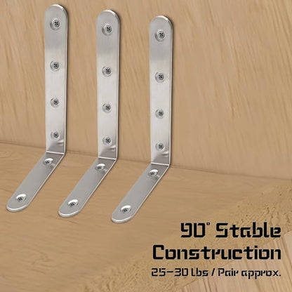 Luomorgo 4 Pcs L Shaped Brackets for Shelves, Heavy Duty Stainless Steel, Decorative Corner Brace Joint Right Angle Wall Hanging Bracket with Screws, 5 x 3 Inch, Silver