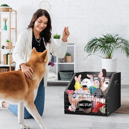 Dog Toy Bin - Large Wooden Dog Toy Box - Organizer & Storage for Puppy Leash, Blanket, Food & Accessories
