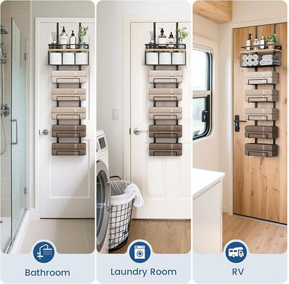 Towel Racks for Bathroom Over The Door Towel Racks Towel Storage Organizer with Metal Shelf Basket for Bathroom Rv Camper (7-Tier Black with Wood Plank)
