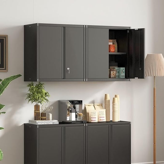 LUCYPAL Garage Storage Cabinet,27.95" H Metal Wall Cabinet with Locking Doors and Adjustable Shelves,Steel Garage Wall Mounted Cabinets for Home Office,Kitchen,Basement,Black