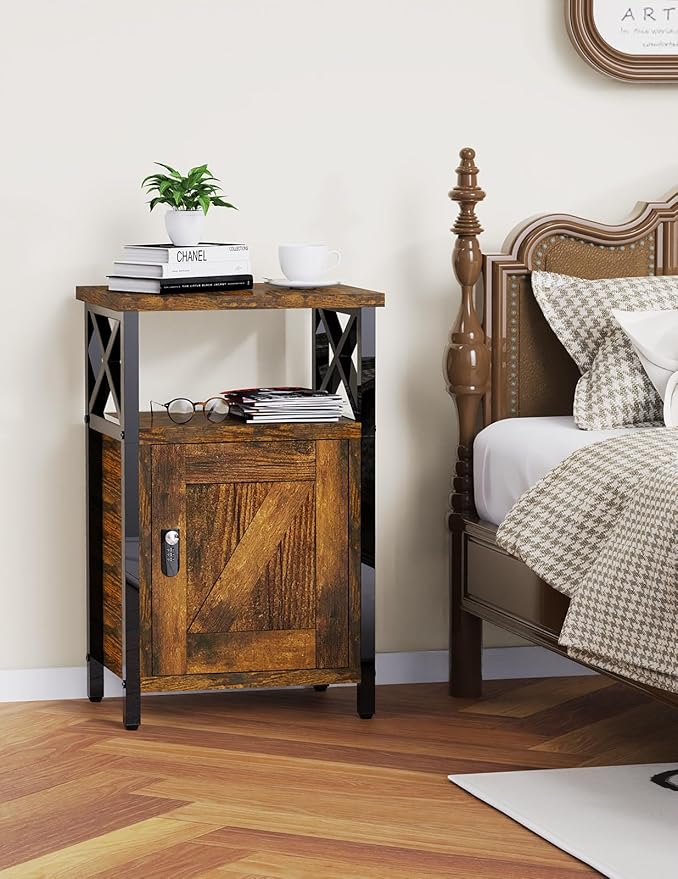 Night Stand with Locking Drawer, Bedside Table with Drawers, Wooden Bed Side Table with Storage Cabinet, Nightstand with Door, End Night Table for Bedroom, Dorm, Office, Rustic Brown