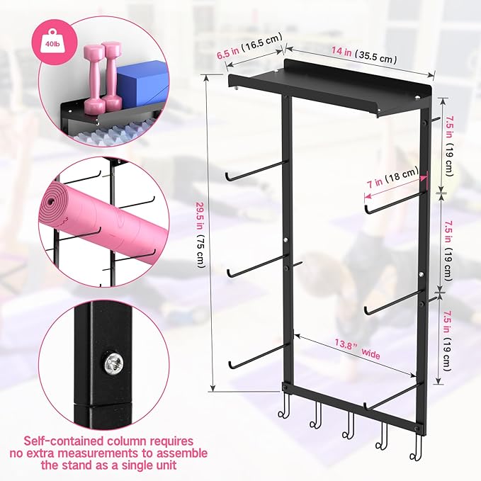 Yoga Mat Holder Wall Mount Organizer - 4-Layer Suspension System for Home Gym, 14" x 7.9" x 29.5" Black Iron Shelf with Strap for Yoga Sets, Carrier, Wall Art, Kit for Women