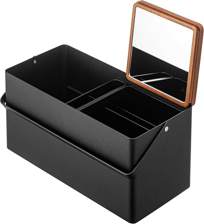 YAMAZAKI Home Tower Large Makeup Organizer Cosmetic Caddy With Handle Vanity Storage Drawer With Lid - Steel + Wood