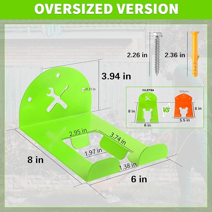 Upgraded Trimmer Rack Wall Mount - 8" Heavy Duty Weed Eater Hanger for Garage Wall, Garden Power Tool Holder Organizer Hooks for Grass Trimmer, Hedge Trimmer, Leaf Blower and Chainsaw, Green, 4 Pack