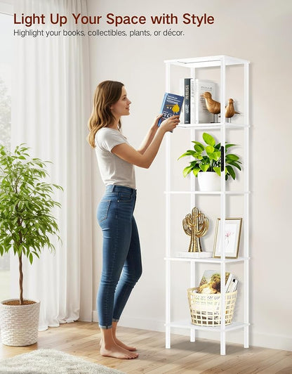 5 Tier Tall Display Shelves with LED Lights, Touch & Remote Control, Dimmable Display Cabinet, Open Bookshelf with 3 Color Temperature, Timer for Living Room, Bedroom, Home Decor(White)