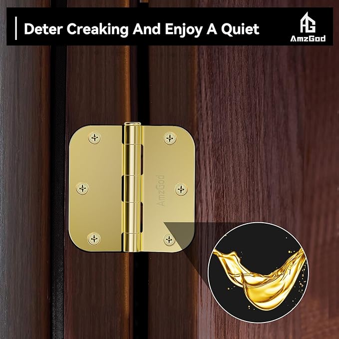 Door Hinges Polished Brass - 12 Pack Gold Door Hinges 3.5 Inch Rounded Interior Door Hinge with 5/8" Radius - 3 1/2 Inches Flat Iron Brass Hinges for Residential Standard Doors