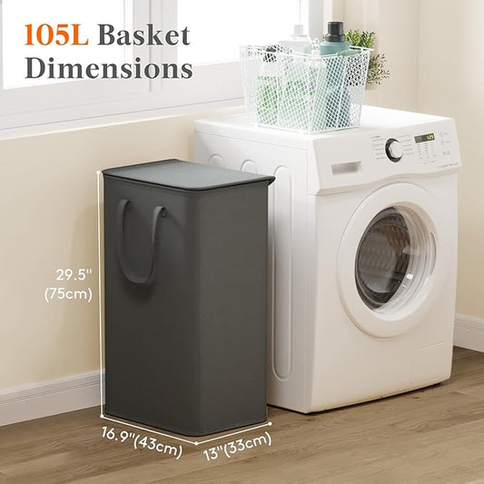 Lifewit 105L Large Big Laundry Hamper, Laundry Basket with Lid, Dirty Collapsible Clothes Storage with Easy Carry Extended Handles, Tall Hampers for Bedroom Laundry Room, Gray, 1 Pack