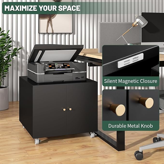 Printer Stand with Storage Cabinet with Wheels,3D Heavy Duty Metal Large Printer Table with Adjustable Shelf for Home Office, Mobile Printer Cart,Black,17.7" H