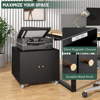 Printer Stand with Storage Cabinet with Wheels,3D Heavy Duty Metal Large Printer Table with Adjustable Shelf for Home Office, Mobile Printer Cart,Black,17.7" H