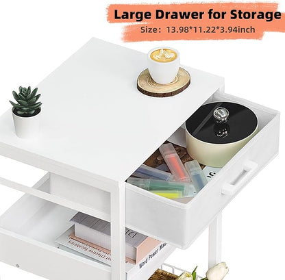 Lerliuo White Side Table Set of 2,3 Tier Industrial Printer Stand with Fabric Drawer,Modern Tall Printer Desk Holder with Storage Shelf,Bedside Tables for Home Office Fax Machine Scanner