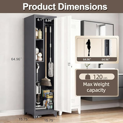 65" H Slim Broom Closet Storage Cabinets, Utility Cabinet for Brooms and Mops, Steel Cleaning Tool Cabinet with Hanging Rod & S-Hooks for Bathroom, Garage