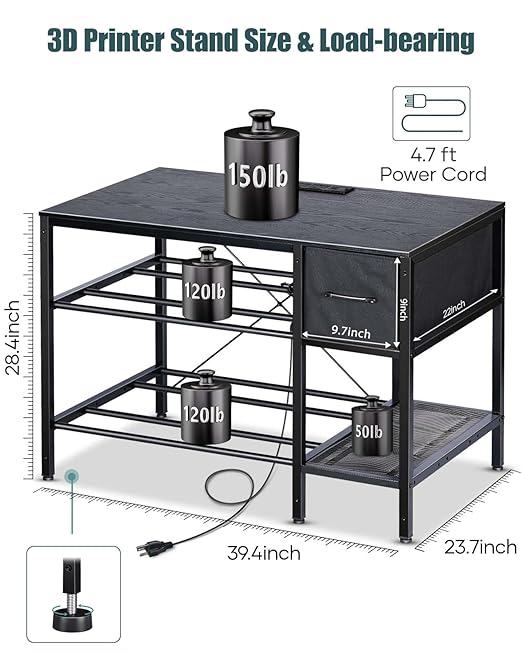 3D Printer Table with Filaments Storage - 3D Printer Stand Filament Storage Rack Heavy Duty 3D Print Desk with Drawer for Workshop Studio Office (Black)
