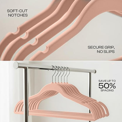 Utopia Home Velvet Hangers 50 Pack – Luxury Non-Slip Slim Pant & Coat Hangers, Strong Space-Saving Clothes Hangers with Pants Bar and 360° Swivel Hook – Pink
