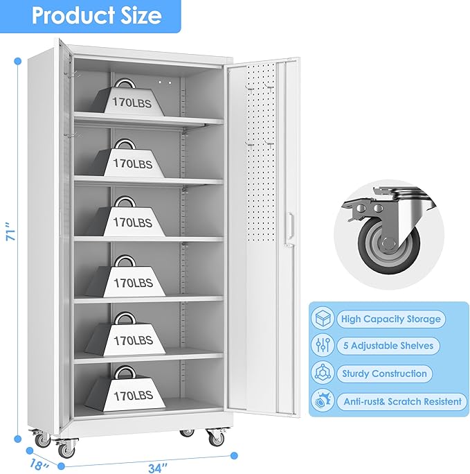 Garage Storage Cabinet with Wheels and Pegboard, Metal Storage Cabinet with 5 Adjustable Shelves for Garage Warehouse Office Utility Room,Required Assembly,71" H×34" W×18" D,White