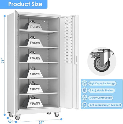 Garage Storage Cabinet with Wheels and Pegboard, Metal Storage Cabinet with 5 Adjustable Shelves for Garage Warehouse Office Utility Room,Required Assembly,71" H×34" W×18" D,White