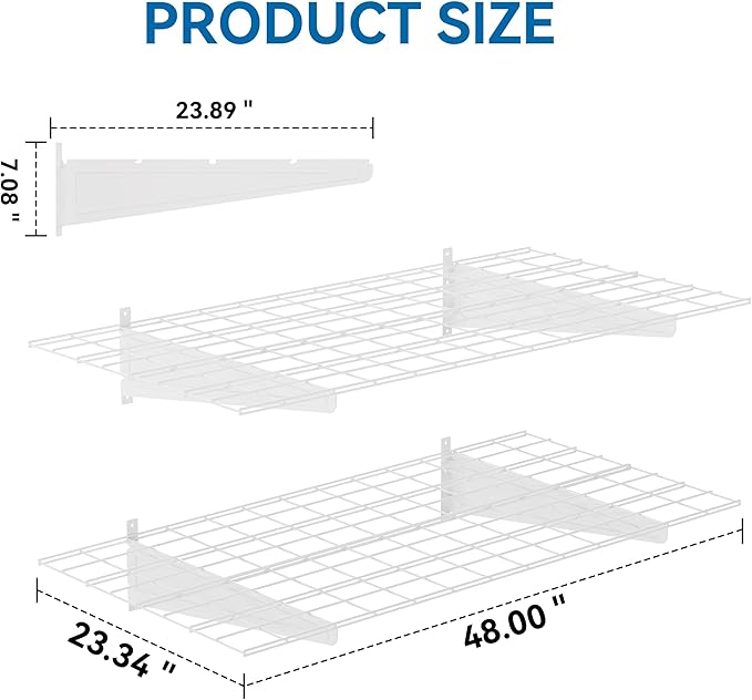 2-Pack 2x4ft Garage Wall Shelving, 24"x48" Shelf Storage Rack Floating Shelves Wall Mounted, Heavy Duty Storage Shelves, 800lbs Load Capacity, with 8 Hooks for Garage Organization, White