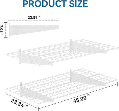 2-Pack 2x4ft Garage Wall Shelving, 24"x48" Shelf Storage Rack Floating Shelves Wall Mounted, Heavy Duty Storage Shelves, 800lbs Load Capacity, with 8 Hooks for Garage Organization, White
