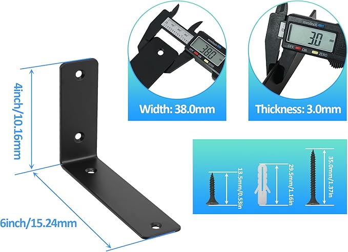 L Floating Shelf Brackets,20 Pack Heavy Duty L Brackets for Shelves, L 6" X H 4" Black Metal Countertop Support Brackets,Wall Mounting for Wood