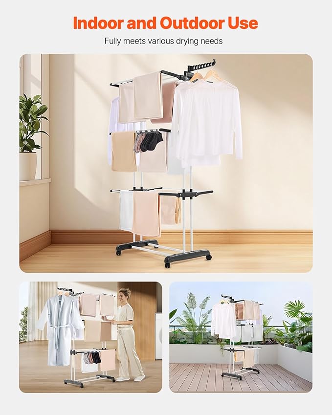 VEVOR Clothes Drying Rack, 4-Tier Foldable Laundry Dryer Rack, Metal Drying Racks with 24 Drying Rods, Free-Standing and Portable Hanger with 4 Castors and Two Side Wings for Outdoor & Indoor Use