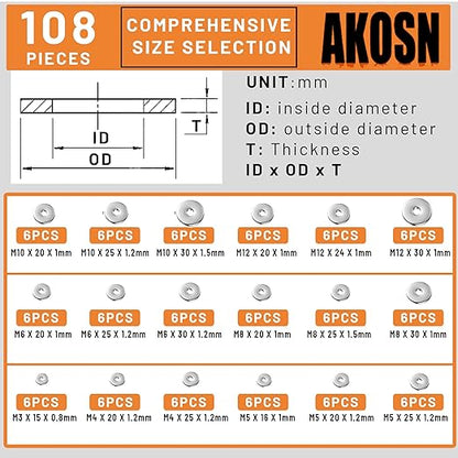 108-Piece, 18 Size, Stainless Steel Flat Washers Assortment Kit, Metal Screw Washers Set for Bolts, Industrial, Covering M3, M4, M5, M6, M8, M10, M12