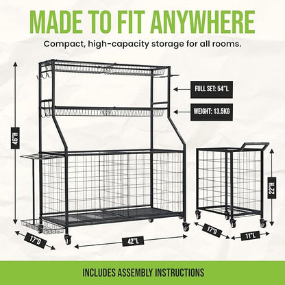 SpaceWise Sports Equipment Organizer – Garage Ball Storage Rack with Hooks, Baskets, Wheels & Detachable Portable Side Cart, Golf Organizer, Gym Equipment & Toy Storage Solution, Charcoal Finish