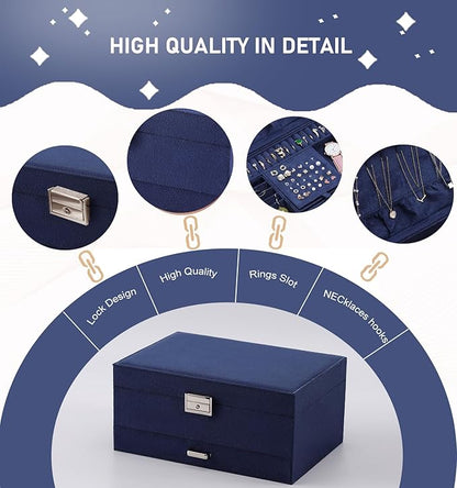 Jewelry Organizer Box for Women Girls, VintageJewelry Box 3-Tier Jewelry Display Case and Organizer,Lockable Jewelry Display Case Anti Tarnish,Varying Compartments for Bracelets, Rings (Blue)