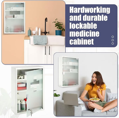 Timgle First Aid Wall Cabinet with Lock Medicine Wall Mounted Bathroom Storage Hanging Medical Cabinet with Safety Glass Door for Bathroom (3 Shelves,White)