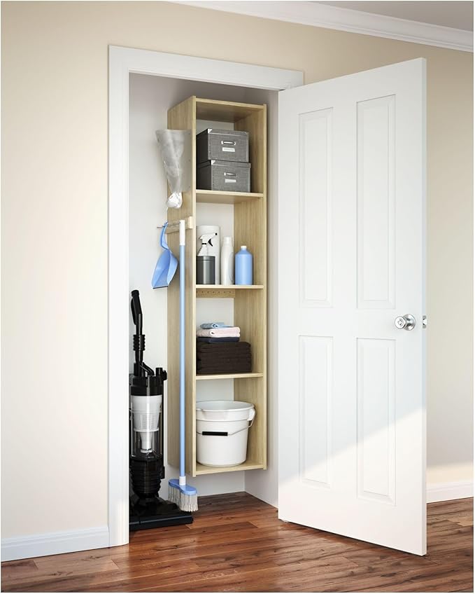 Easy Track 5 Shelf Wood Utility Mountable Home Closet Storage Tower Kit System with 5 Peg Rack, Bag Holder, and 2 Adjustable Shelves, Honey Blonde