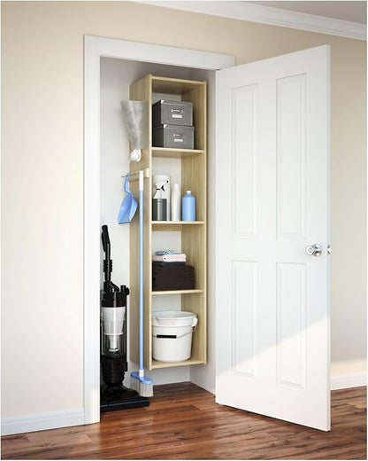 Easy Track 5 Shelf Wood Utility Mountable Home Closet Storage Tower Kit System with 5 Peg Rack, Bag Holder, and 2 Adjustable Shelves, Honey Blonde